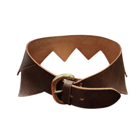 Remi&Reid Vintage Brown Leather Belt Brass Buckle Zigzag Cutout Design Unisex 28 - Picture 3 of 8